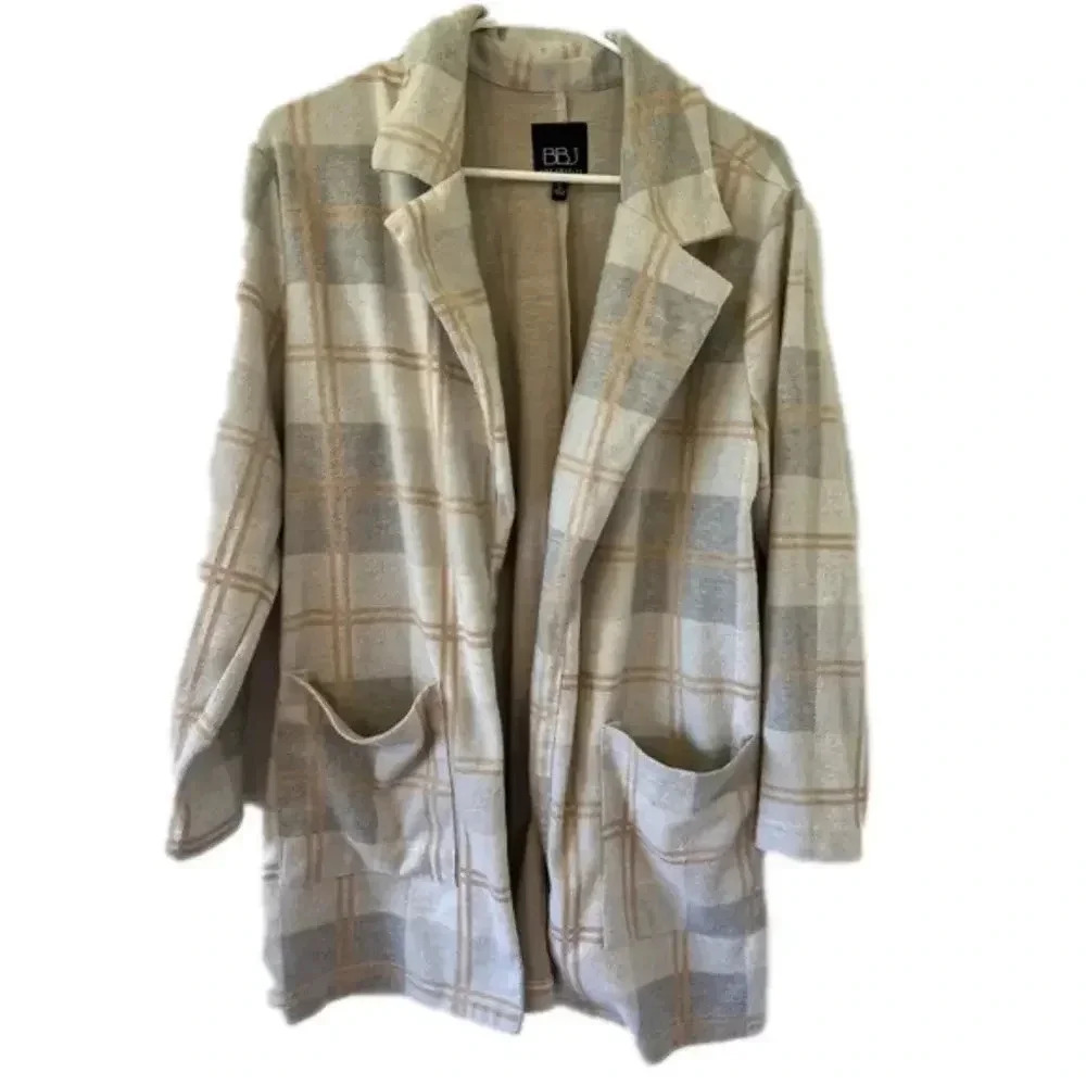 BBJ Plaid Flannel Shacket Longline Open Front Pockets Business Casual